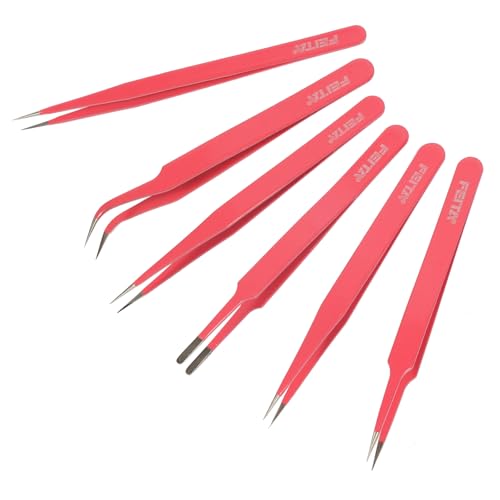 FEITA Pink Precision Craft Tweezers Set, Upgraded Stainless Steel Pointy, Curved, Falt Twizers for Crafting, Bead, Sticker, Jewelry-Making, Hobby Tools