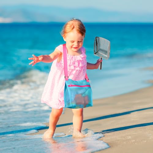 MUYIZI Sand Sifter Shovel with Mesh Beach Bag, Detachable Shell Scooper for Beach,Sand Scoop for Shell Collecting, Shark Teeth Sifter Dipper, Beach Toys for Kids & Adults(Bright Pink+Blue) - color: Bright Pink+blue