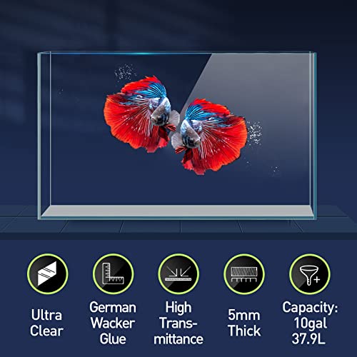 10 Gallon Ultra Clear Glass Fish Tank, Rimless Low Iron Aquarium for Betta/Nano/Goldfish/Snail/Shrimp, Big Fish Tank & Cover Set & Feeding Ring & Cleaning Tools - color: 10 Gal