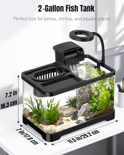 Pawfly 2 Gallon Fish Tank, Small Aquarium Kit, Betta Fish Tank Starter Kit with 6 W LED Light, 65 GPH Filter, Siphon Vacuum Water Changer & Basket, Aquarium for Betta, Shrim, or Small Fishes - color: Black-01