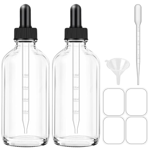 Bumobum Dropper Bottles 4oz, 2 Pack Clear Tinctures Bottle with Dropper for Essential Oils with Funnel, Labels & Pipette, Glass Dropper Bottles for Aromatherapy(Unbreakable Plastic Eye Dropper) - color: Clear