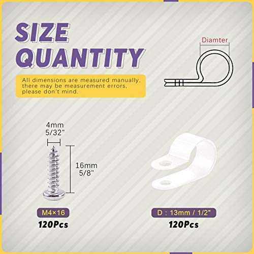 Swpeet 120 Pack White 1/2 Inch Nylon Plastic R-Type Cable Clips Clamp Kit, Nylon Screw Mounting Cord Fastener Clips with 120 Pack Screws for Wire Management (1/2 Inch, White) - color: White, size: 1/2 Inch