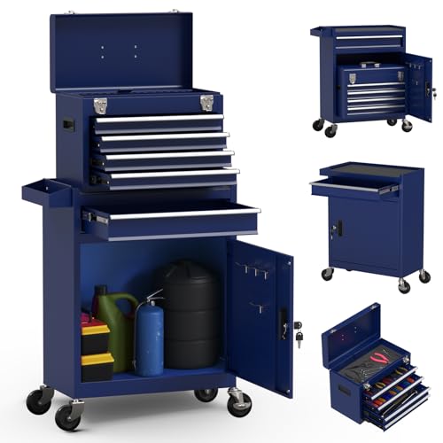 5-Drawer High Capacity Rolling Tool Box, Removable Cabinet Storage Tool Chest with Wheels and Drawers, Detachable Toolbox with Lock for Mechanics Garage Workshop and Tool Room (Blue) - color: Blue
