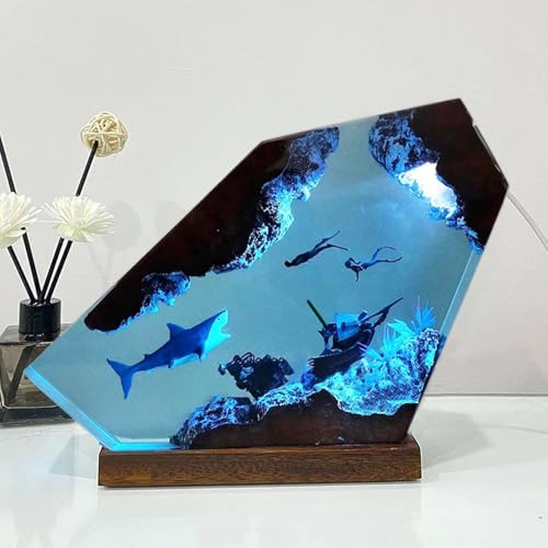 Shark Ocean Resin Lamp, Handmade Wooden Table Resin Night Light, USB Port Art Ornaments for Home Office Decor, Scuba Diver Gifts for Birthday Holiday, Valentine's Day Gifts for Husband - color: Shark, size: S