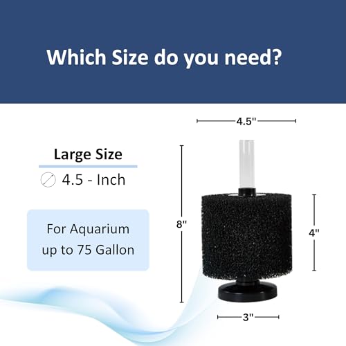 UNEAK Large Aquarium Sponge Filter Fish Tank Silent Filteration Breeding Fry Betta Shrimp Nano Tank Accessories Air Stone 4-inch Airline Tubing up to 40 Gallon - size: Large