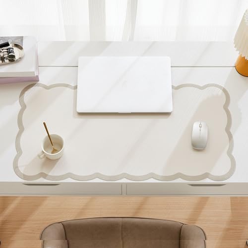 Scalloped Desk Mat, 31.5" x 15.7" Large Cute Aesthetic Desk Accessories, PU Leather Computer Laptop Desk Mouse Keyboard Pad, Desk Writing Mat for Vanity/Work/Home Decor (Beige, 31.5" x 15.7") - color: Beige, size: 31.5" x 15.7"