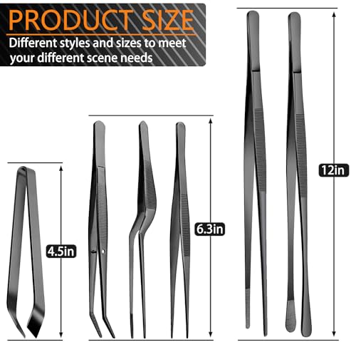 JETKONG 6 Pcs Cooking Tweezer Tongs, 12'' and 6.3" Stainless Steel Kitchen Tweezer Set, Professional Chef Tweezers for Cooking, Repairing, Sea Food, BBQ, Multi-use (Black) - color: Black