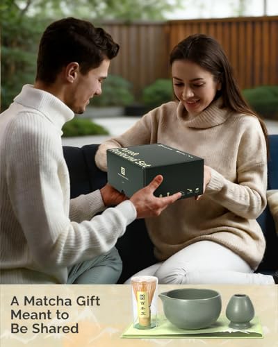 Maestri House Matcha Whisk Set, 7-Pc Complete Matcha Kit with Spouted Ceramic Bowl, Bamboo Whisk and Holder, Scoop, Spoon Rest & Sifter, Tea Cloth – Ideal Gift for Matcha Lovers (Moss-Green) - color: Moss-Green