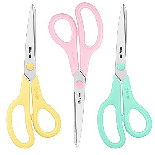 Scissors, iBayam 8" All Purpose Scissors Bulk 3-Pack, Ultra Sharp 2.5mm Thick Blade Shears Comfort-Grip for Office Desk Accessories Sewing Fabric Home Craft School Supplies, Right/Left Handed - color: Yellow, Pink, Green, size: 3-Pack