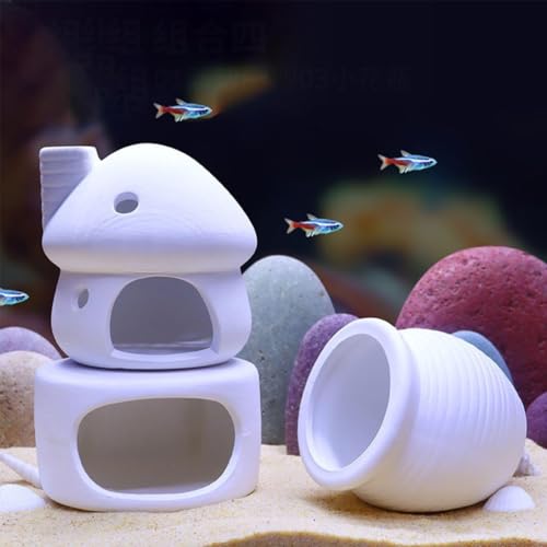 Aquarium Decorations Ceramic Mushroom House with Cave Set for Fish Tank Landscape to Small Shrimp/Goldfishes Hiding Rest and Breed (White)