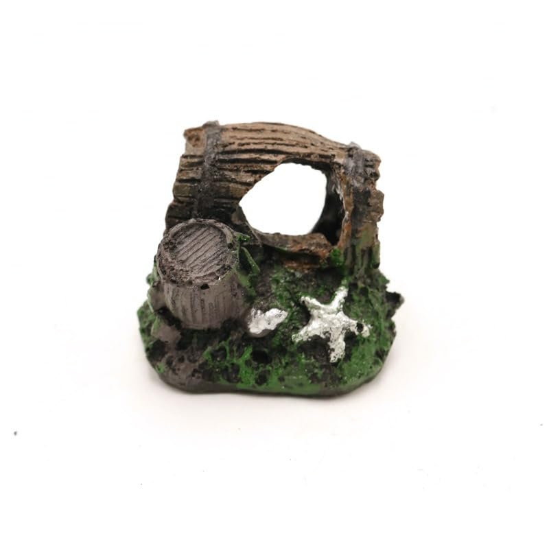 Resin Aquarium Decoration, Hollow Log Barrel with Starfish, 5.5 x 4.5 x 5 cm, Fish Tank Ornament