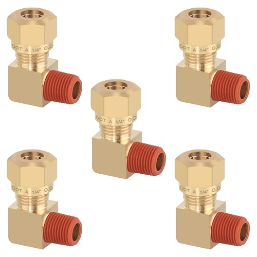 5PCS 1/4" Nylon Tubing Brass Union Fitting Brass 90 Degree Union Elbow Joint DOT Approved 1/4" Tube OD x 1/8" NPT Thread Air Brake Line Adapter Air Suspension Kit for Car Truck Trailers - size: 1/4" OD x 1/8" NPT, style: 90°NPT Thread Elbows-5PCS