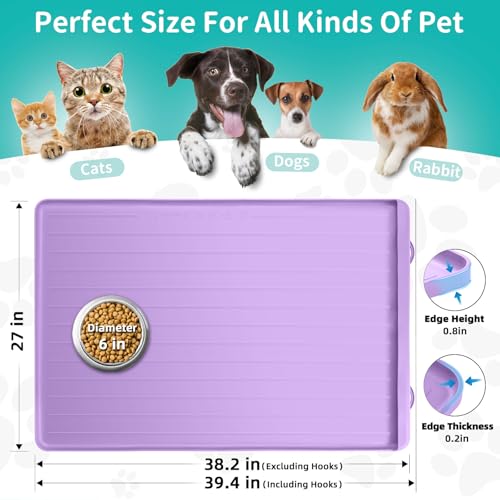 Dog Mat for Food and Water - 39.4" x 27" Large Pet Feeding Mats with Residue Collection Pocket - Waterproof Dog Cat Bowl Mat with High Edges to Prevent Water and Food Spills (Purple, 39.4''x27'') - color: Purple