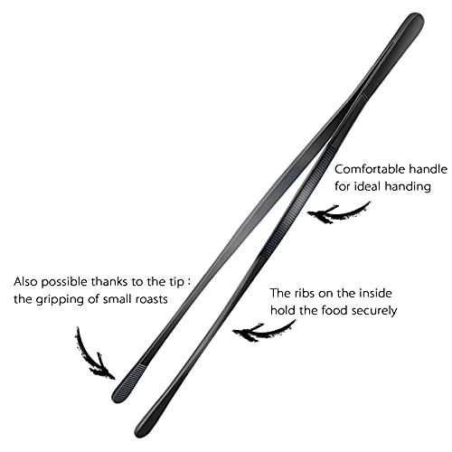12-Inch Professional Kitchen & Cooking Tweezers Tongs - Stainless Steel Long Tweezer Tongs - Black Coated - BBQ,Plating,Multi-use - color: Black