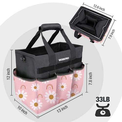WORKPRO Garden Tool Bag Organizer, Heavy Duty Gardening Tote Bag with 10 Pockets and Long Adjustable Shoulder Strap, Standable Garden Home Tool Kits Organizer, Floral Pink - Pink Ribbon - color: Floral Pink