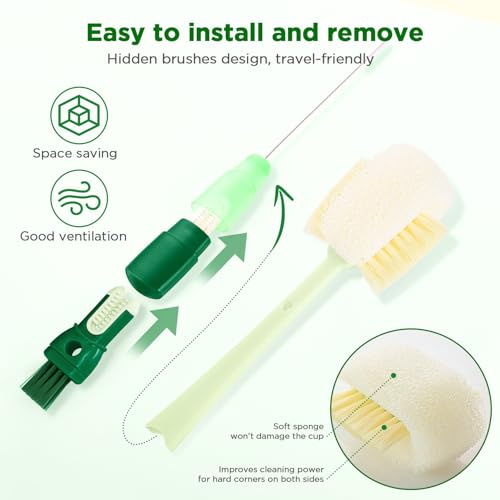 OUTXE 6 Pack Bottle Brush Set, 5-in-1 Water Bottle Cleaner Brush, 14" Long Handle Bottle Cleaning Brush, 3 Straw Brush, Removable Nipple Detail Brush for Cup Lid Gap, with Replecement Sponge - color: Green, size: 6 Pack