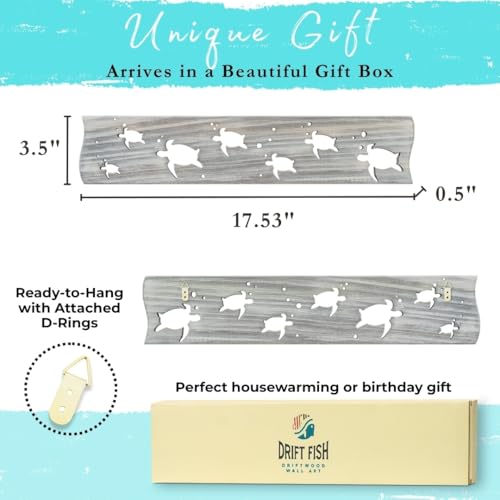 Driftwood Wall Art & DIY Key Holder – Handmade Coastal Home Decor – 17.5" Genuine Weathered Wood Plank with 5 Removable Hooks for Keys, Leashes, and Jewelry – Nautical Beach House Wall Hanging (Turtle March) - style: Turtle March
