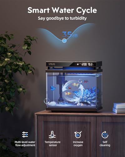 Fish Tank Smart Aquarium Kit: 2 Gallon UHD Glass Silent Water Pump Self Cleaning Multi-Layer Filtration System - Temperature Sensing 7-Color Lighting for Small Fish Betta Room Desktop Decor - Black - color: Black