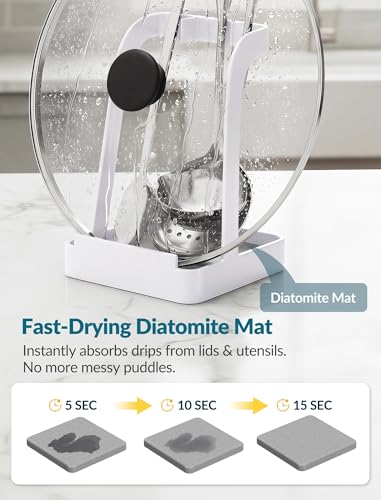NiHome White Pot Lid Holder with Light Gray Diatomite Tray, Non-Slip Silicone Pad, Powder-Coated Iron Stand for Lids, Utensils & Cutting Boards, Compact 3.9" × 3.9" × 6" Kitchen Organizer (White) - color: Medium White, size: with diatomite