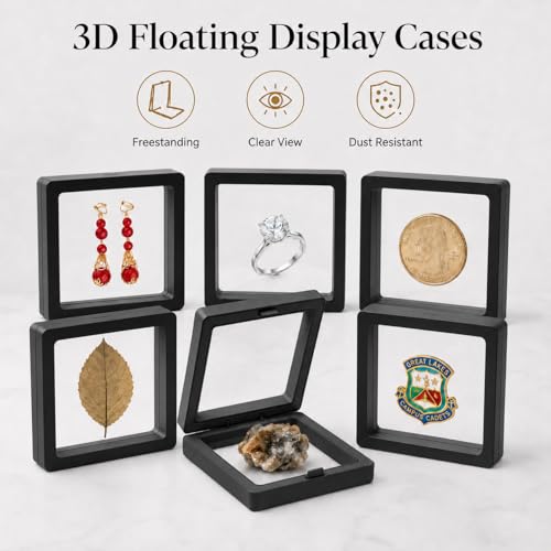 6 Pack 3D Floating Display Case, Freestanding Clear Suspension Frame and Jewelry Holder for Challenge Coins, Enamel Pins, Rocks, Rings and Plant Specimens - color: Black, size: 3.5*3.5*0.8