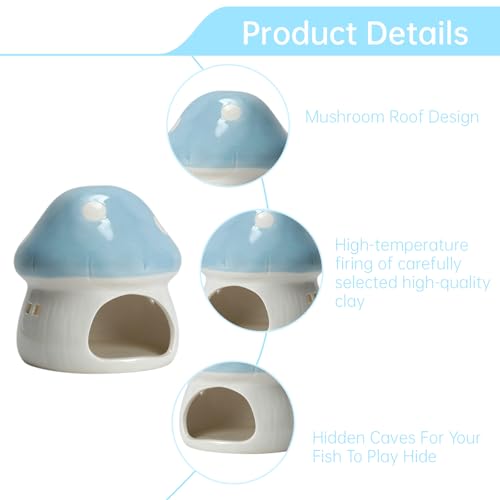 AnRui Ceramic Mushroom Aquarium Decor Cute Mini House Betta Fish Tank Accessories Decoration Hideaway Hideout Cave Ornament for Small Fish, Shrimp, Goldfish and Reptiles (Blue, Large) - color: Blue, size: Large