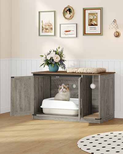 Hzuaneri Cat Litter Box Enclosure, Hidden Litter Box Cabinet Furniture with Bell, Indoor Cats House, Farmhouse Style, 39.4 x 21.7X 24.8 Inches, for Hallway, Bedroom, Greige CB85205X - color: Light Ivory and Brown, size: 39.4"L x 21.7"W x 24.8"H