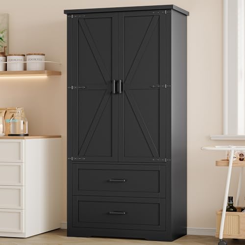 BORNOON Pantry Organizers and Storage Cabinet, 71” Barn Door White Kitchen Cabinet with Drawers and Adjustable Shelf, Tall Pantry for Kitchen, Dining Room, Living Room. Bathroom and Office - color: Black, size: Double Drawers
