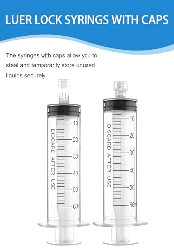 Luer Lock Syringe 60ml - Sterile Disposable Syringes without Needles (10 Pack), Individual Sealed Packaging - size: 60ml