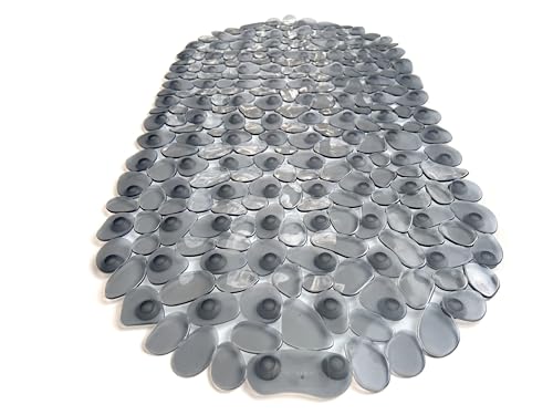“Pebbles” Non-Slip Bathtub & Shower Mat 27”x14” Oval - Non-Toxic - Safe, Clean, Machine-Washable, Superior Grip & Drainage, Vinyl, for Smooth Floors ONLY, Transparent Gray - color: Transparent Gray (Grey), size: 27" x 14" (Oval)