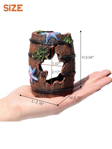 Aquarium Decor - Small Broken Barrel with Star Fish Tank Cave Hideout with Holes, Mini Decorations for Betta Fish, Shrimp, Nano Tank Decor, Aquarium Accessories Supplies, Safe Aquatic Ornament - color: Broken Barrel Cave