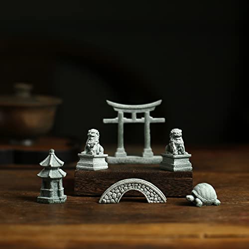 6 PCS Mini Zen Garden Accessories, Miniature Garden Bridge Foo Dogs Torii Gate Sandstone Figurines Meditation Zen Decor Japanese Fish Tank Terrarium Bonsai Decorations (Art Deco) - style: Art Deco