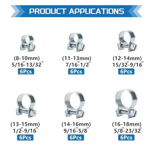 36PCS 8-18MM Fuel Injection Hose Clamps Assortment Kit 6Values 5/16"-23/32" Gas Line Clamps Clip Pipe Clamp for Automotive Diesel Petrol Pipes - size: 36PCS
