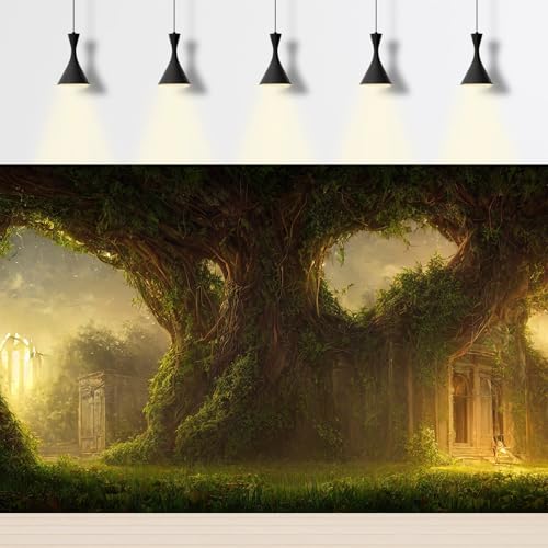 Castle Aquarium Background Abandoned Palace Castle Overgrown with Vegetation Ivy and Vines Terrarium Background Empty Atrium Halls Captured by Nature and Vegetation Fish Tank Background 48x24in - size: 48(W)x24(H)inches/ 120(W)*60cm(H)