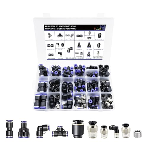108 Pcs Quick Connect Air Hose Fittings Kit - 1/8" to 1/2" NPT Thread Push To Connect Fittings for Workshops - size: 108PCS PBT Plastic & Copper