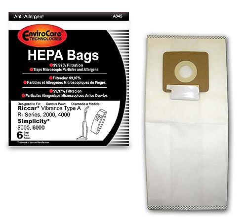 EnviroCare Replacement HEPA Filtration Vacuum Cleaner Dust Bags made to fit Riccar Vibrance Type A R-Series, 2000, 4000, Simplicity 5000, 6000 6 Pack
