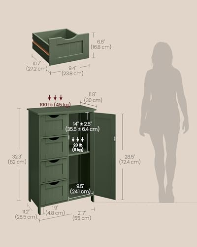 VASAGLE Storage Cabinet with Drawers, Freestanding Floor Cabinet with Door, 11.8 x 21.7 x 32.3 Inches, Adjustable Shelf, for Bathroom, Living Room, Kitchen, Forest Green ULHC041CH01S - color: Forest Green, style: 1 Door + 4 Drawers（32.3"）
