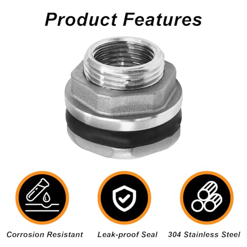 Murtenze 1/2" Bulkhead Water Tank Connector, Stainless Steel Water Tank Fitting Thru-bulk Adapter, Water Pipe Connector for Rain Barrels/Aquariums/Water Tanks - size: 0.5 Inch