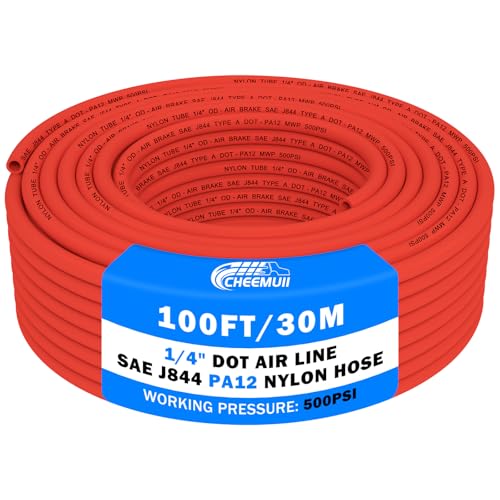 CheeMuii 100 FT 1/4" DOT Air Line Red 1/4 PA12 Nylon Pneumatic Tubing 30.5 Meter 1/4 Inch OD Pneumatic Air Tubing Pipe Hose Line for Semi Truck Trailer or Industrial Air System - color: Red, size: 1/4"OD-100FT