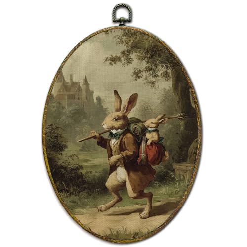 XFCICRLJ Vintage Easter Bunny Nursery Wall Art Decor, Antique Traveling Rabbit Oval Canvas Prints Framed, Rustic Bunny Rabbit Animal Wall Art Decorations for Kids Girls Boys Nursery Room Decor, 11x8.5 Inch 016-MH-TYH - color: bunny