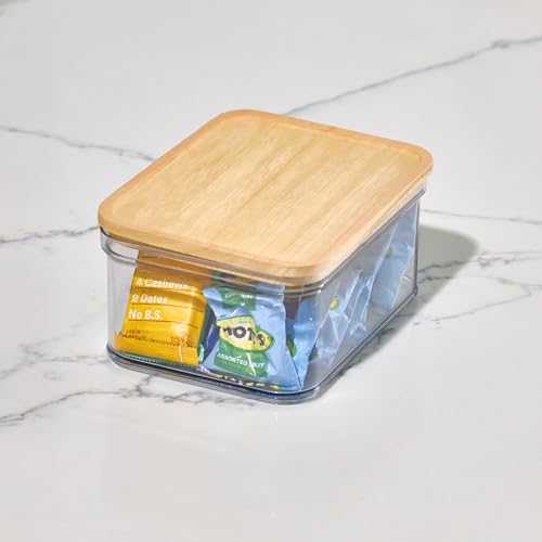 iDesign Recycled Plastic Crisp Storage Bin with Lid, The Rosanna Pansino Collection – 8.51” L x 8.51” W x 4.13” H, Clear Bin with Natural Wood Lid - size: Medium