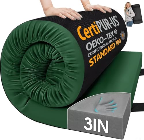 CYMULA 3 Inch Memory Foam Camping Pad, Camping Essentials Roll Up Floor Mat for Car Camping, Cot, Tent, Truck, Travel and Guest Use, Non-Slip Waterproof Bottom, Removable Cover - color: DARK GREEN, size: Cot:72*24*3