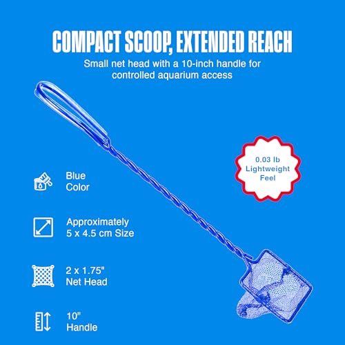 Penn-Plax Quick-Net Aquarium Fish Net - Fine Mesh, Vinyl-Covered Braided Handle - Small Aquarium Cleaning Tool for Gentle Fish Handling - Use in Freshwater & Saltwater Tanks - color: Blue, size: 2" Net - 10" Handle