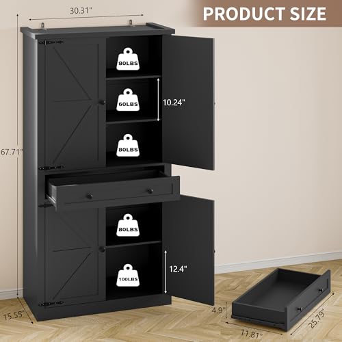 BORNOON Pantry Organizers and Storage Cabinet, 67.7” Barn Door White Kitchen Cabinet with Drawers and Adjustable Shelf, Tall Pantry for Kitchen, Dining Room, Living Room - color: Black, size: Single Drawer