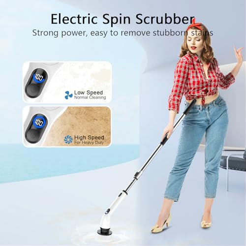 Electric Spin Scrubber, Full-Body IPX7 Waterproof Bathroom Scrubber with Power LCD Display, Adjustable Extension Handle, Cordless Shower Cleaner Brush for Bathtub Kitchen Wall Cleaning - color: Black