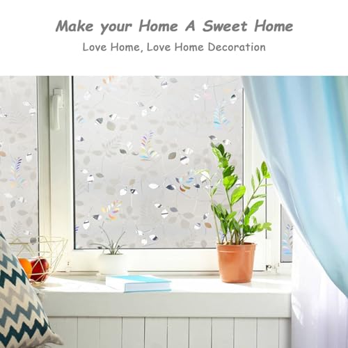 LEMON CLOUD Window Privacy Film Stained Static Cling Glass Film 3D Decorative Colorful Glass Window Sticker, Privacy Frosted Covering for Home Sliding Door(23.6 x 78.7 Inch, Rainbow Leaf) - color: 3d Leaf, size: 23.6 x 78.7 Inch