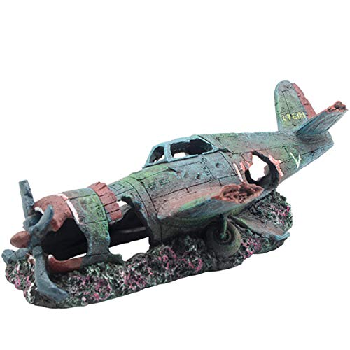 S-Lifeeling Fish Tank Decoration Fighter Vintage Airplane Ruins Submarine Landscape Fish Shrimp Shelter Cave Hideout Resin Aquarium Decor Turtle Tank Decoration - color: Airplane S Size