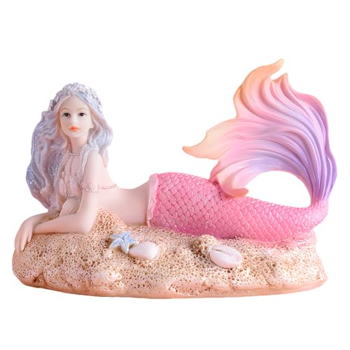 Rayberro 4.33" Mermaid Figurines Resin Pink Mermaid Sculpture Mediterranean Princess Statue Ornaments Home Office Desktop Bookshelf Decor Mermaid Collectible Crafts Fish Tank Aquarium Decoration Gift - color: Pink Beach