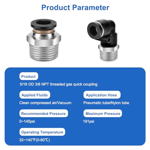 12 Pcs Push to Connect Fittings 5/16 Inch Tube OD x 3/8 Inch NPT Thread Pneumatic Male Straight and Elbow Quick Connect Air line fittings - size: 5/16"OD x 3/8"NPT