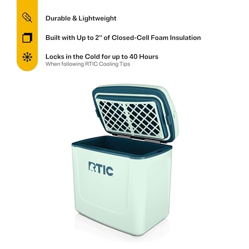RTIC 8 QT Road Trip Personal Cooler, Small, Compact, Insulated, Portable Ice Chest Box for Food, Drink, Beverage, Beach, Camping, Picnic, Fishing, Boat, 12-Can Capacity - color: Fresh Mint/Marine