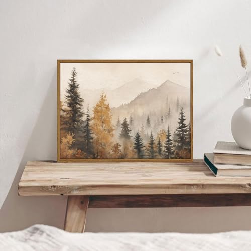 OIQArtOIQ Vintage Framed Wall Art Autumn Mountain Landscape Canvas Art Prints Fall Forest Rustic Farmhouse Pictures Wall Decor Modern Cottagecore Paintings Artwork For Bedroom Bathroom Living Room - color: Fall Trees, size: 12x16 in